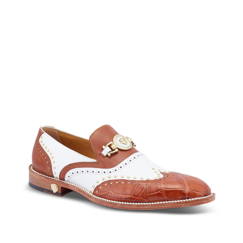 Mauri 3092 Gambino Men's Shoes Cognac & White Exotic Crocodile / Calf-Skin Leather Loafers (MA5427)-AmbrogioShoes