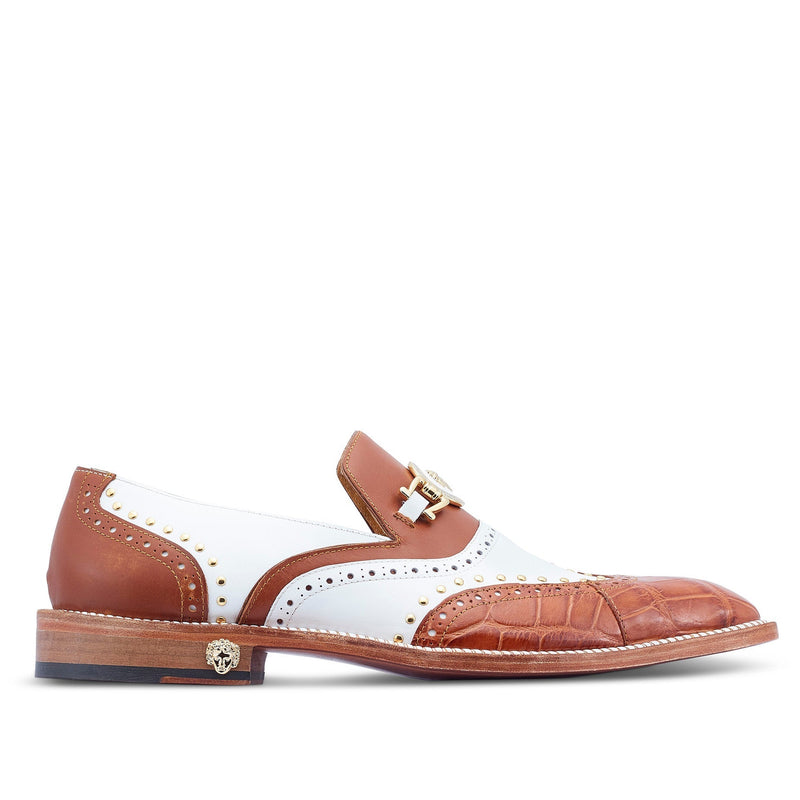 Mauri 3092 Gambino Men's Shoes Cognac & White Exotic Crocodile / Calf-Skin Leather Loafers (MA5427)-AmbrogioShoes