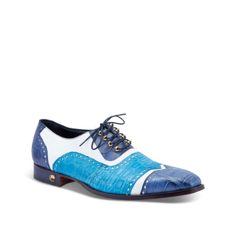 Mauri 3093 Lucky Men's Shoes Two-Tone Blue & White Exotic Alligator/ Calf-Skin Leather Oxfords (MA5428) (Special Order)-AmbrogioShoes