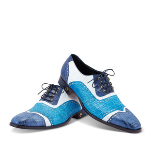 Mauri 3093 Lucky Men's Shoes Two-Tone Blue & White Exotic Alligator/ Calf-Skin Leather Oxfords (MA5428) (Special Order)-AmbrogioShoes