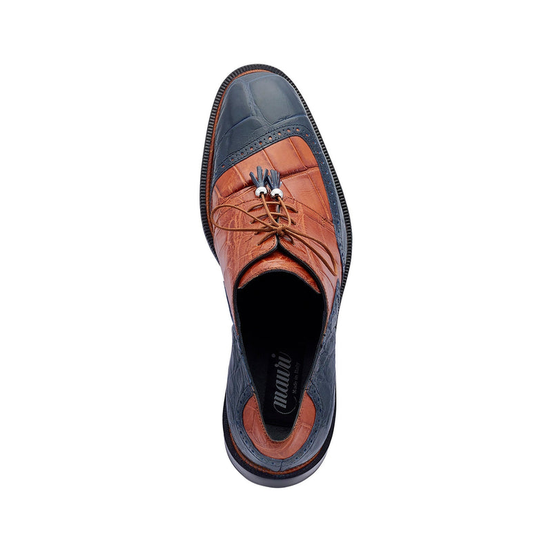 Mauri 3098 Lucchese Men's Shoes Wonder Blue & Cognac Exotic Alligator Derby Oxfords (MA5431)-AmbrogioShoes