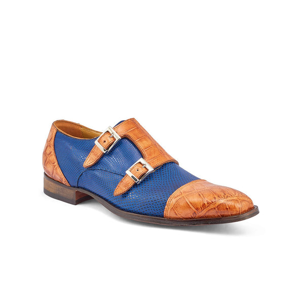 Mauri 4560/2 Madison Men's Shoes Cognac & Brilliant Blue Exotic Alligator / Karung Monk-Straps Loafers (MA5375)-AmbrogioShoes