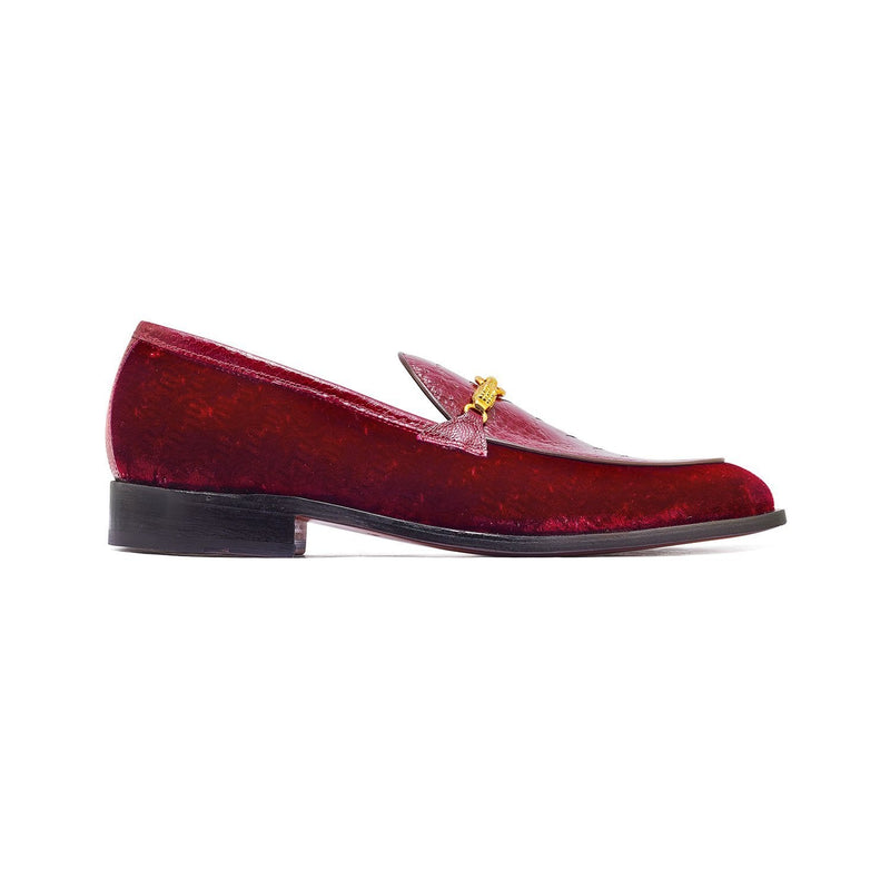 Mauri 4932 Baron Men's Shoes Ruby Red Velvet Print / Ostrich Leg Horsebit Loafers (MA5300)-AmbrogioShoes