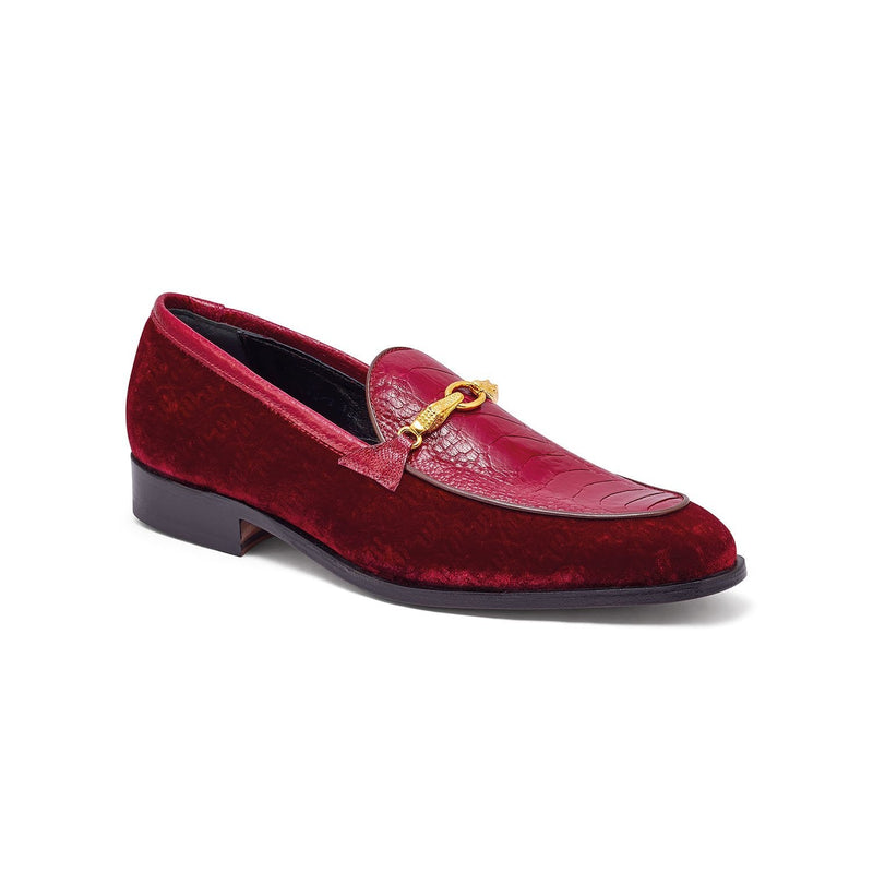 Mauri 4932 Baron Men's Shoes Ruby Red Velvet Print / Ostrich Leg Horsebit Loafers (MA5300)-AmbrogioShoes
