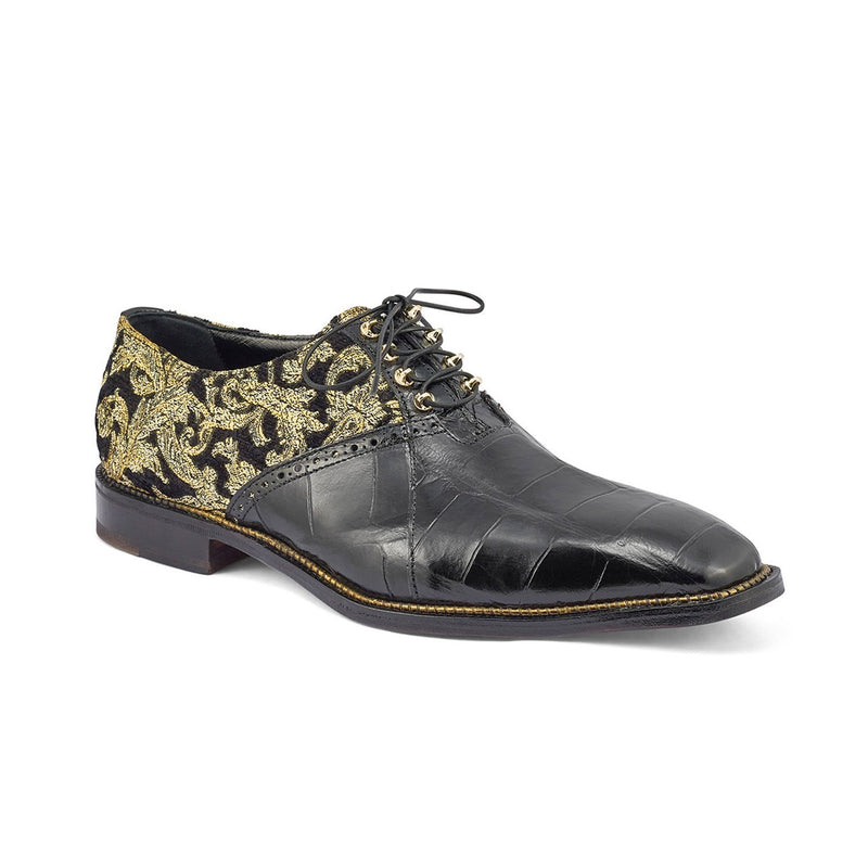 Mauri 4936 Smooth Men's Shoes Black & Gold Exotic Alligator / Didier Fabric Oxfords (MA5361)-AmbrogioShoes