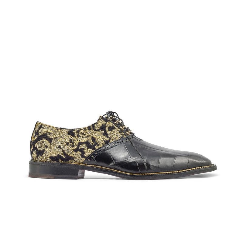 Mauri 4936 Smooth Men's Shoes Black & Gold Exotic Alligator / Didier Fabric Oxfords (MA5361)-AmbrogioShoes