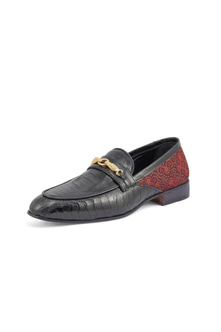 Mauri 4946 Monet Black & Coral Red Exotic Ostrich Leg / Matahari Fabric Horsebit Loafers (MA5398)-AmbrogioShoes