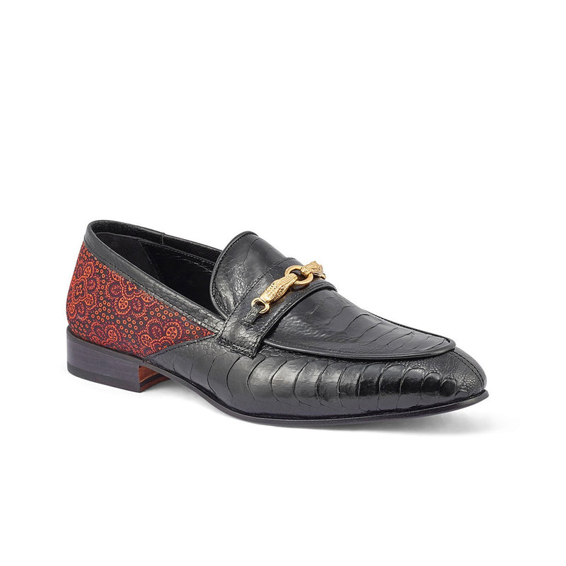 Mauri 4946 Monet Men's Shoes Black & Coral Red Exotic Ostrich Leg / Matahari Fabric Horsebit Loafers (MA5398)-AmbrogioShoes