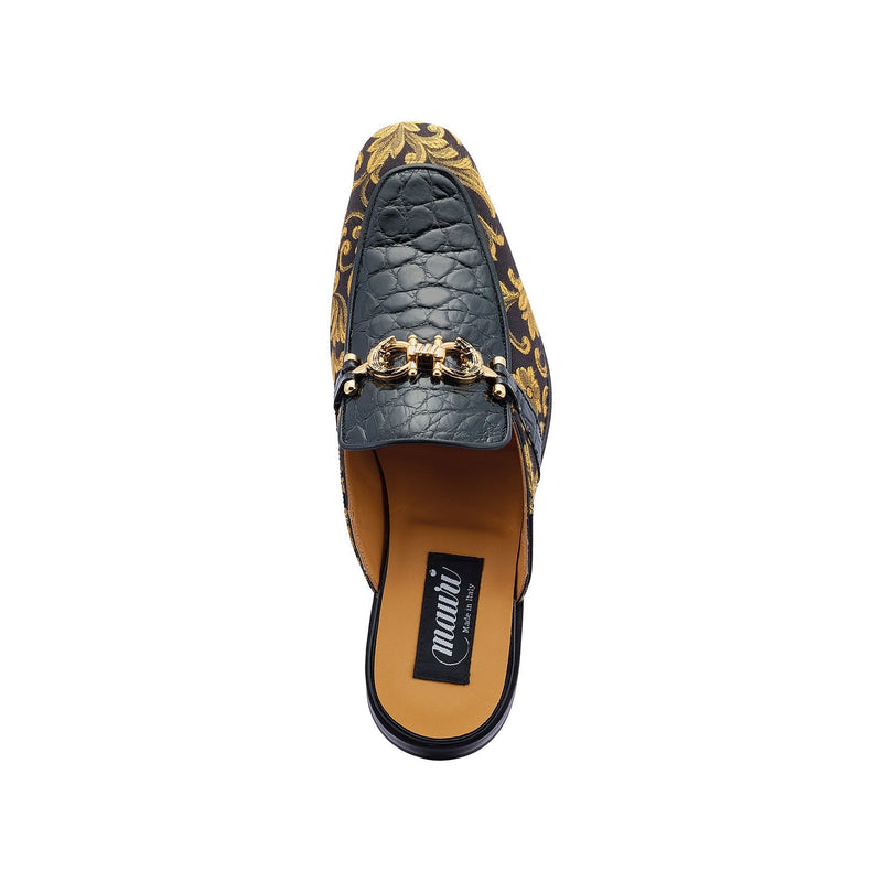 Mauri 4976 Bermuda Men's Shoes Black Exotic Alligator / Gobelins Fabric Horsebit Mules (MA5442)-AmbrogioShoes