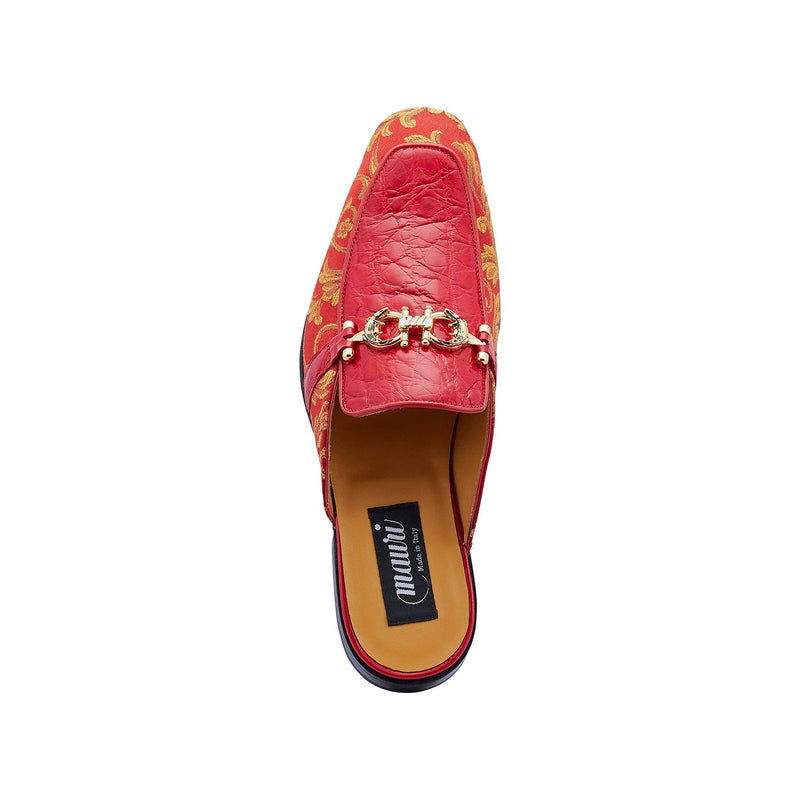 Mauri 4976 Bermuda Men's Shoes Red Exotic Alligator / Gobelins Fabric Horsebit Mules (MA5441)-AmbrogioShoes