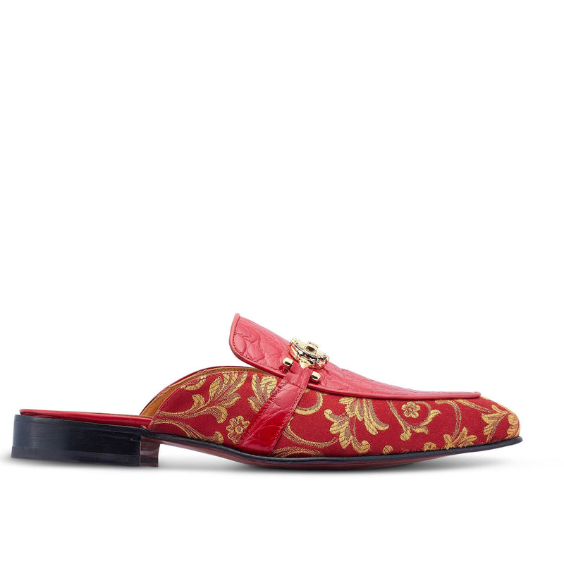 Mauri 4976 Bermuda Men's Shoes Red Exotic Alligator / Gobelins Fabric Horsebit Mules (MA5441)-AmbrogioShoes