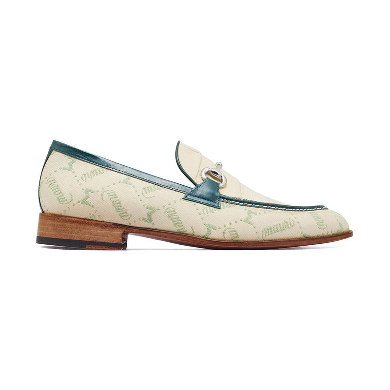Mauri 4983 Bahamas Men's Shoes Spring Clean, Cream & Hunter Green Exotic Alligator/ Fabric / Calf-Skin Leather Fabric Horsebit Loafers (MA5302)<-AmbrogioShoes