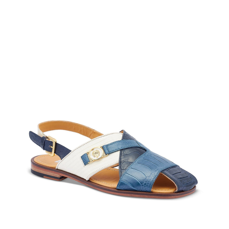 Mauri 5076 Romano Men's Shoes Two-Tone Blue & Cream Exotic Ostrich Leg / Tejus Lizard Sandals (MA5429)-AmbrogioShoes