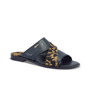 Mauri 5140 Cancun Men's Shoes Exotic Ostrich Skin & Gobelins Fabric Slip-On Sandals (MA5417) (Special Order)-AmbrogioShoes