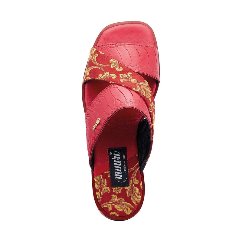 Mauri 5140 Men's Shoes Red Exotic Ostrich Leg / Gobelins Fabric Slip-On Sandals (MA5415)-AmbrogioShoes