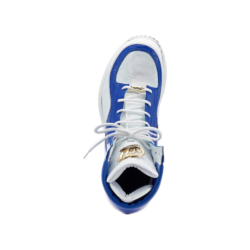 Mauri 8401 Flash Men's Shoes White & Royal Blue Exotic Crocodile / Ostrich Leg / Patent Leather High-Top Sneakers (MA5455)-AmbrogioShoes