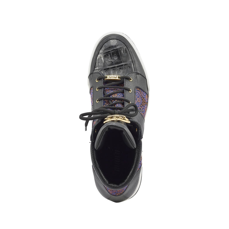 Mauri 8411 Genesis Men's Shoes Black & Blue Exotic Crocodile / Time Leather / Matahari Fabric High-Top Sneakers (MA5404)-AmbrogioShoes