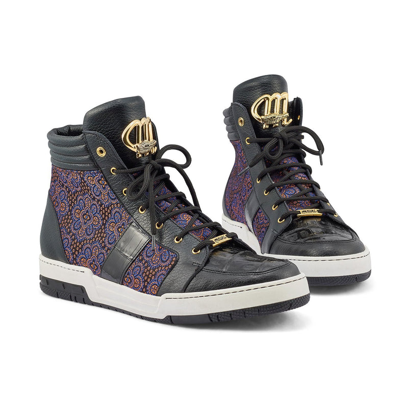 Mauri 8411 Genesis Men's Shoes Black & Blue Exotic Crocodile / Time Leather / Matahari Fabric High-Top Sneakers (MA5404)-AmbrogioShoes