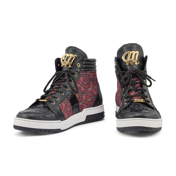 Mauri 8411 Genesis Men's Shoes Black & Red Exotic Crocodile / Time Leather / Matahari Fabric High-Top Sneakers (MA5403)-AmbrogioShoes
