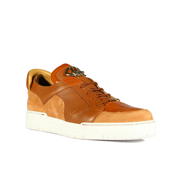 Mauri 8412/S Boss Men's Shoes Cognac & Gold Exotic Crocodile / Suede / Patent Leather Casual Sneakers (MAS5334-S)-AmbrogioShoes