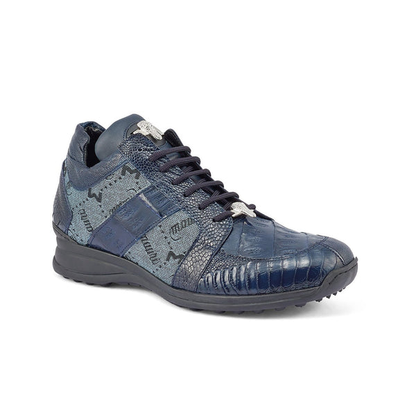 Mauri 8425 Graffiti Men's Shoes Wonder Blue Exotic Ostrich / Crocodile / Nappa / Fabric Casual Sneakers (MA5391)-AmbrogioShoes