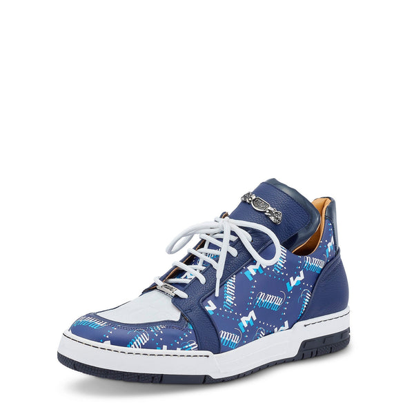 Mauri 8440 Crown Men's Shoes Blue & White Exotic Crocodile / Nappa / Patent Leather Casual Sneakers (MA5449)-AmbrogioShoes