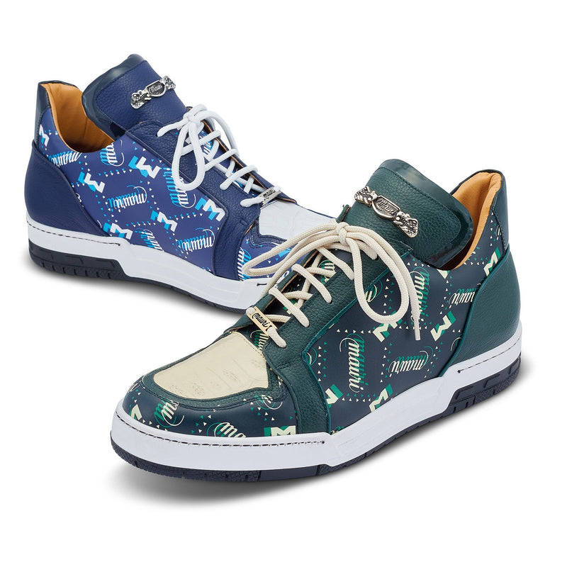 Mauri 8440 Crown Men's Shoes Blue & White Exotic Crocodile / Nappa / Patent Leather Casual Sneakers (MA5449)-AmbrogioShoes