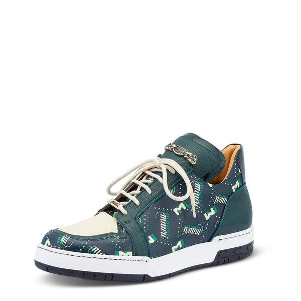 Mauri 8440 Crown Men's Shoes Hunter Green & Cream Exotic Crocodile / Nappa / Patent Leather Casual Sneakers (MA5450)-AmbrogioShoes