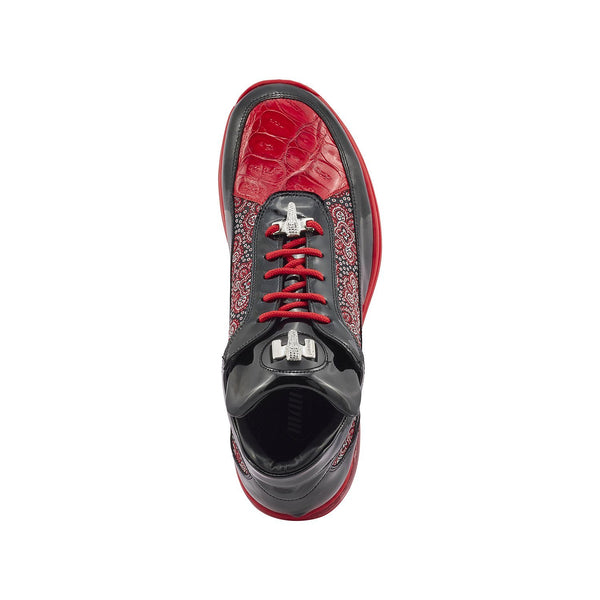 Mauri 8900/2 Bubble Men's Shoes Black & Red Exotic Crocodile / Patent Leather / Matahari Fabric Casual Sneakers (MA5401)-AmbrogioShoes