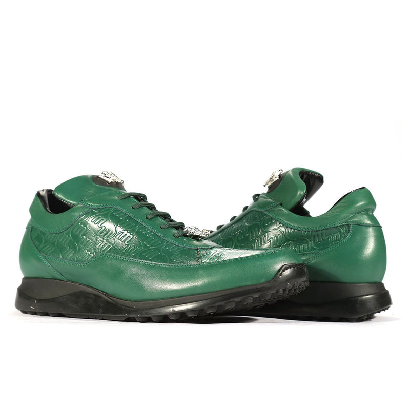 Mauri 8900/2 Italian Men's Designer Shoes Green Exotic Caiman Crocodile / King Nappa Embossed Casual Sneakers (MAS5282)-AmbrogioShoes