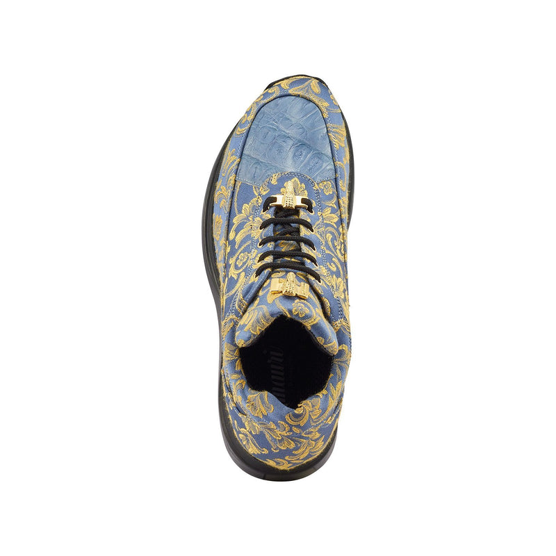 Mauri 8900/2 Solid Gold Men's Shoes New Blue Exotic Crocodile / Gobelins Fabric Casual Sneakers (MA5360)-AmbrogioShoes