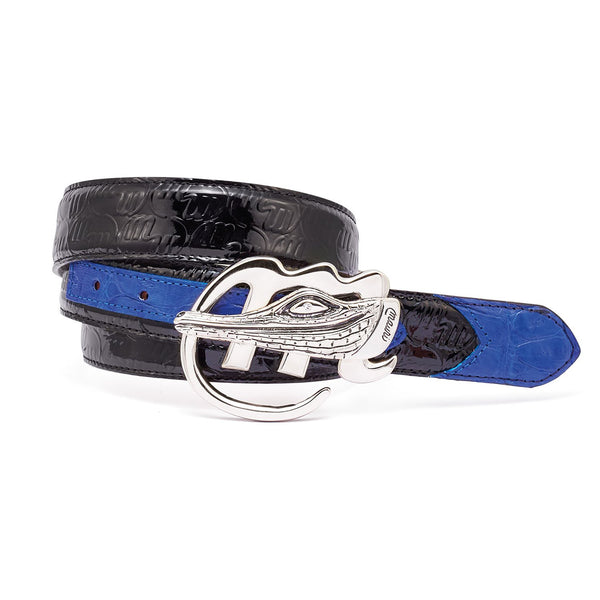 Mauri AB6 Men's Black & Royal Blue Exotic Caiman Crocodile / Patent Embossed Leather Belt (MAB1016)-AmbrogioShoes