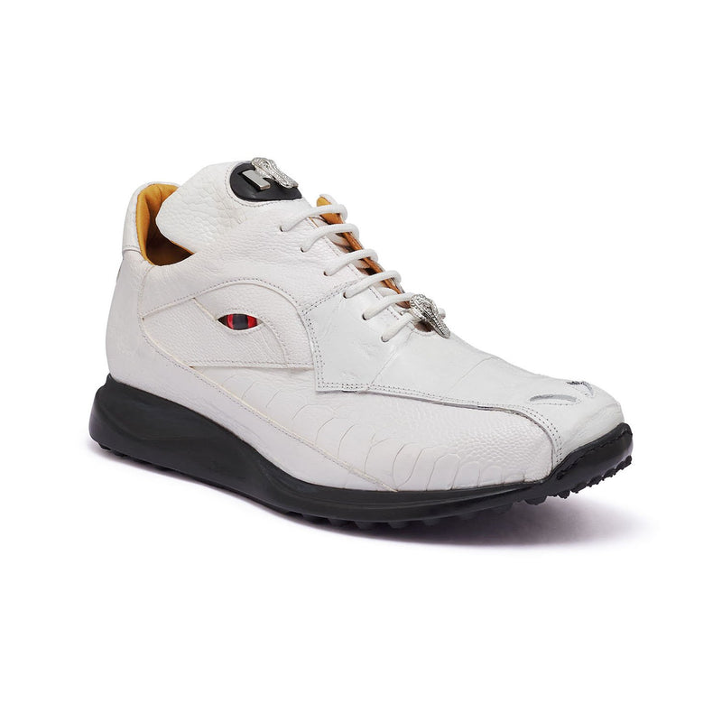 Mauri Apocalypse 8596 Men's Shoes White Exotic Caiman Crocodile / Ostrich Leg Sneakers (MA5322)-AmbrogioShoes