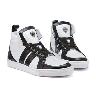 Mauri Blackjack 8410 Men's Shoes Black & White Exotic Caiman Crocodile / Patent / Nappa Leather High-Top Sneakers (MA5276)-AmbrogioShoes