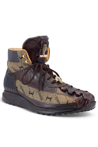 Mauri Chronic 8484 Sport Rust & Taupe Exotic Ostrich Leg / Hornback Tail / Fabric High-Top Sneakers (MA5488) (Made to Order)-AmbrogioShoes