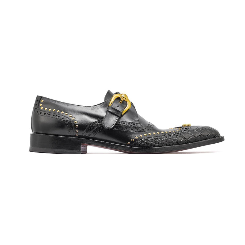 Mauri Godfather Men's Designer Shoes Black Alligator / Calf-Skin Leather Dress Monk-Straps Loafers 3051 (MA5309)-AmbrogioShoes