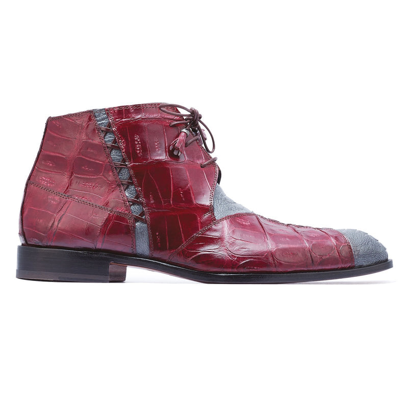 Mauri Harlem 4926 Men's Shoes Gray & Red Exotic Caiman Crocodile / Ostrich Leg Chukka Boots (MA5264)-AmbrogioShoes