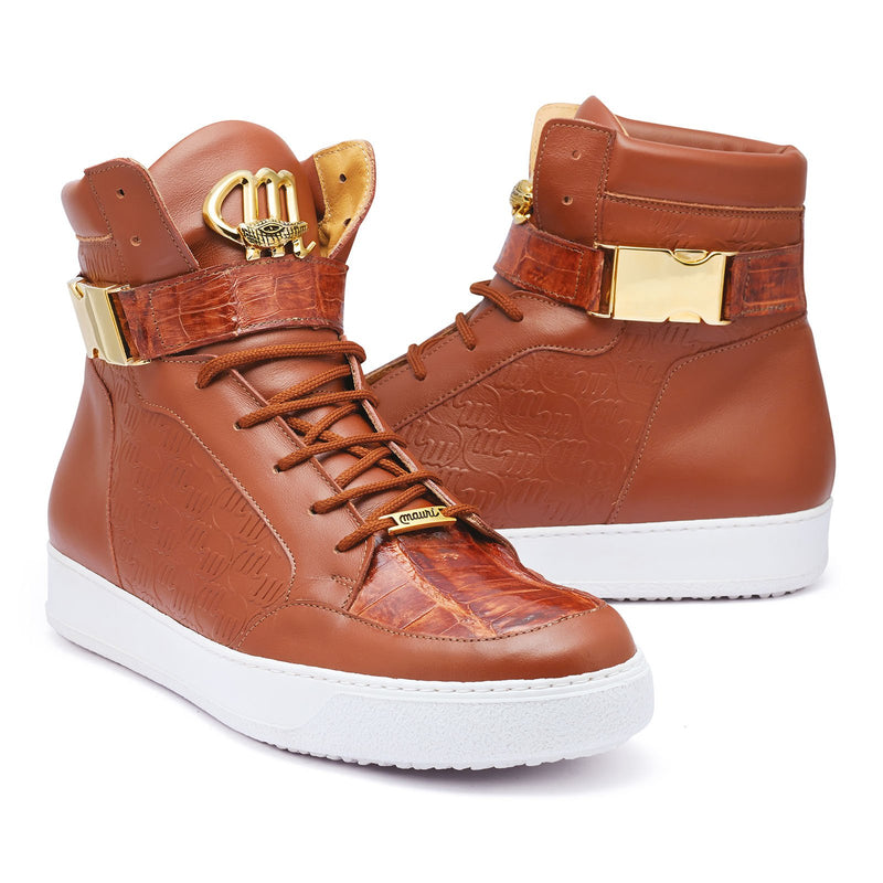 Mauri Hitman 8500 Men's Shoes Cognac Exotic Caiman Crocodile / Nappa Leather High-Top Sneakers (MA5277)-AmbrogioShoes