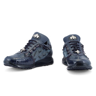 Mauri Stalker 8416/2 Men's Shoes Wonder Blue Exotic Ostrich Leg / Hornback Tail / Fabric Casual Sneakers (MA5486) (Special Order)-AmbrogioShoes