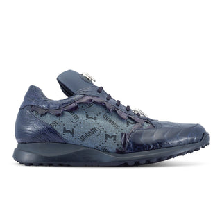 Mauri Stalker 8416/2 Men's Shoes Wonder Blue Exotic Ostrich Leg / Hornback Tail / Fabric Casual Sneakers (MA5486) (Special Order)-AmbrogioShoes