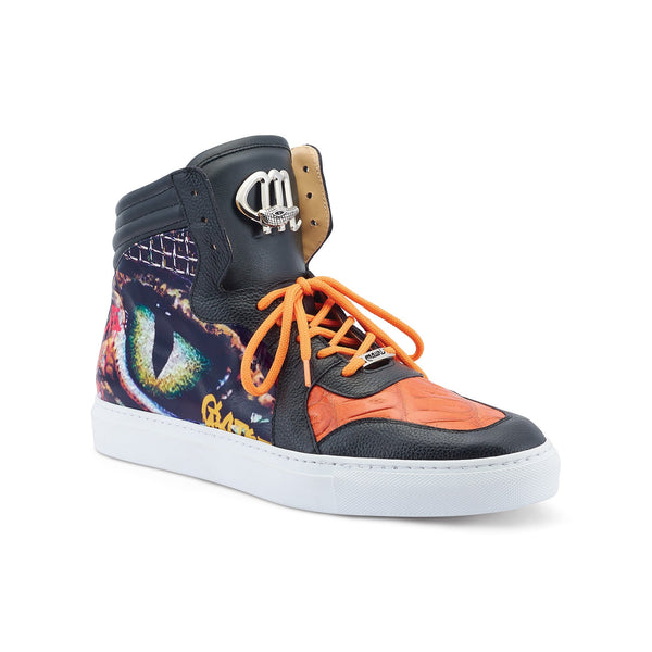 Mauri Vision 8466/1 Men's Shoes Black & Orange Exotic Crocodile / Calf-Skin Leather Casual Sneakers (MA5546)-AmbrogioShoes