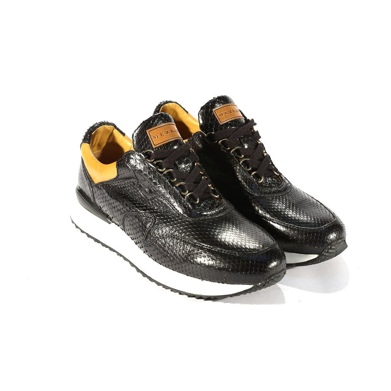 Mezlan 4709-SN Men's Shoes Black & Cognac Exotic Snake-Skin & Calf-Skin Leather Casual Sneakers (MZS3330)-AmbrogioShoes