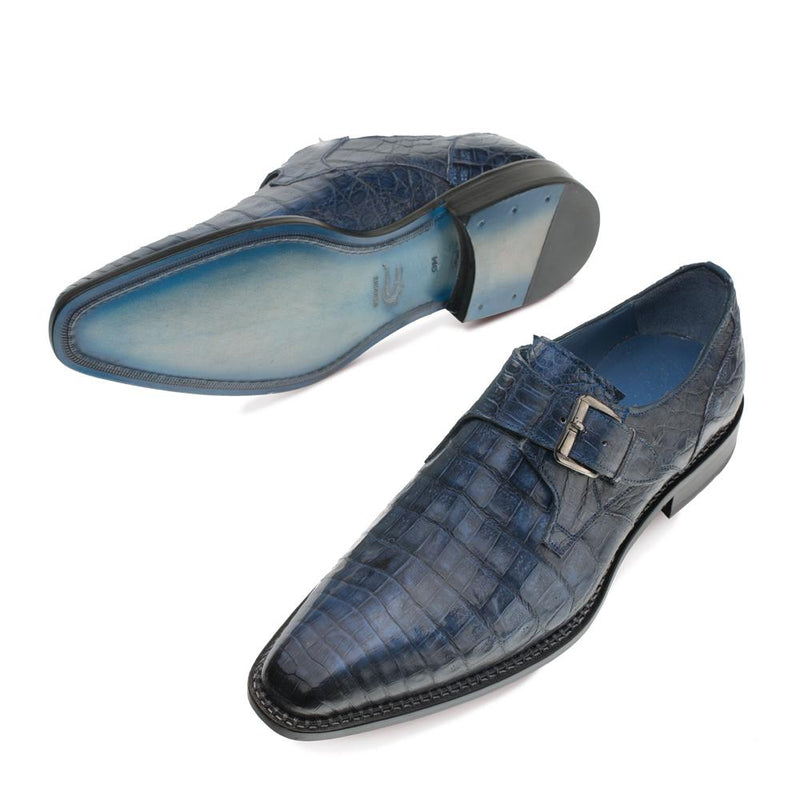 Mezlan 4737-F Magnus Men's Shoes Blue Exotic Caiman Crocodile Monk-Strap Loafers (MZ3294)-AmbrogioShoes