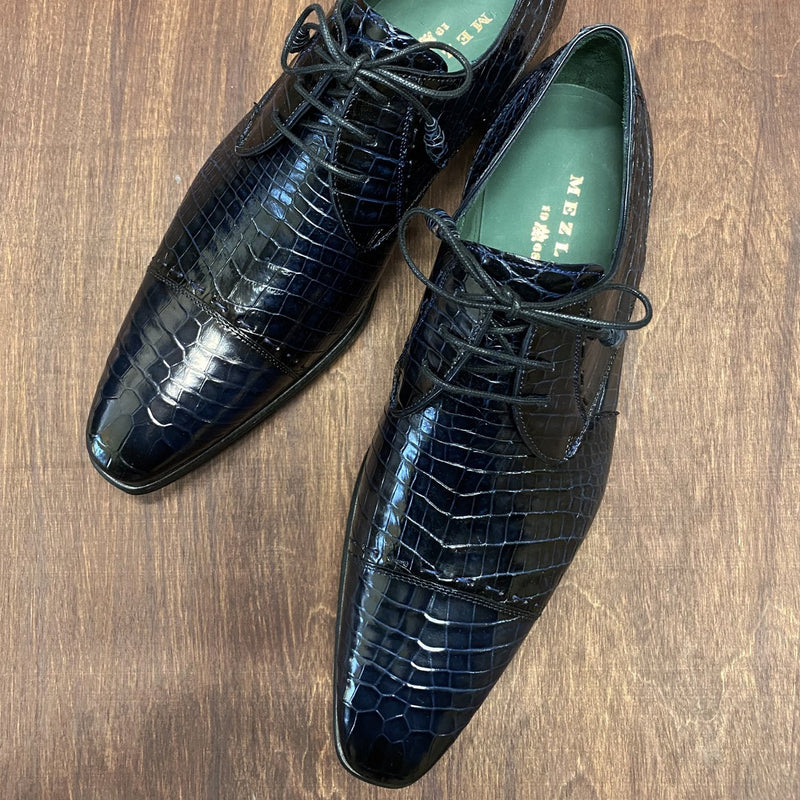 Mezlan 4818-J Men's Shoes Navy Blue Exotic Alligator Skin Cap-Toe Derby Oxfords (MZS3392)-AmbrogioShoes