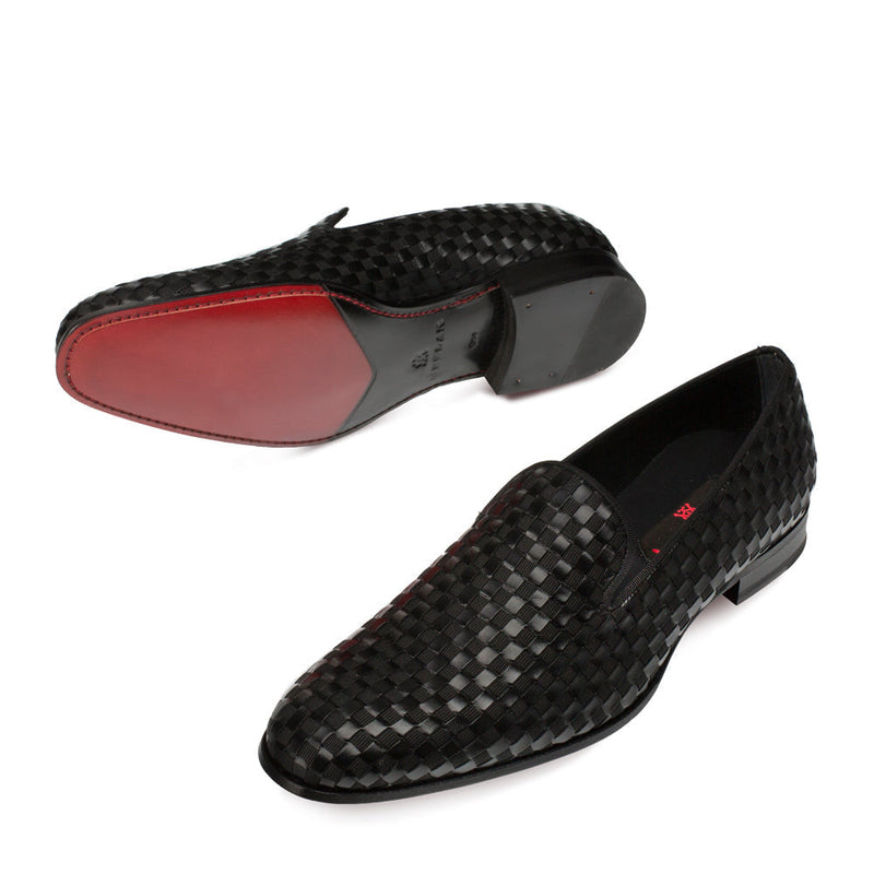 Mezlan 9048 Caba Men's Shoes Black Calf-Skin Leather Woven Venetian Slip On Loafers (MZ3498)-AmbrogioShoes