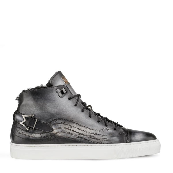 Mezlan A20044 Men's Shoes Gray Patina Leather Etched Hi-Top Sneakers (MZ3415)-AmbrogioShoes