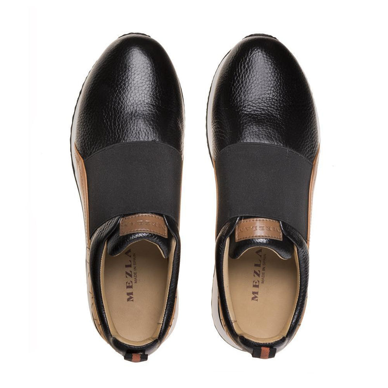 Mezlan A20081 Men's Shoes Black & Cognac Deer-Skin / Calf-Skin Leather Elastic Slip-On Sneakers (MZ3432)-AmbrogioShoes