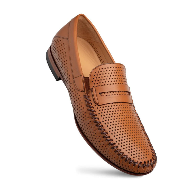 Mezlan R7388 Men's Shoes Cognac Peforated Calf-Skin Leather Penny Moccassin Loafers (MZ35672)-AmbrogioShoes
