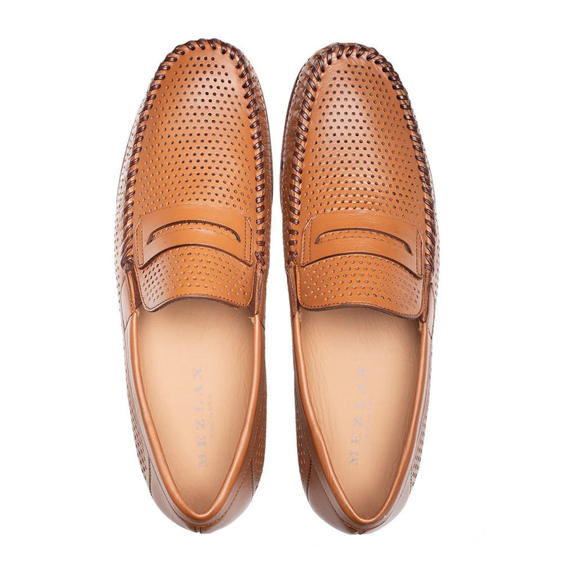 Mezlan R7388 Men's Shoes Cognac Peforated Calf-Skin Leather Penny Moccassin Loafers (MZ35672)-AmbrogioShoes