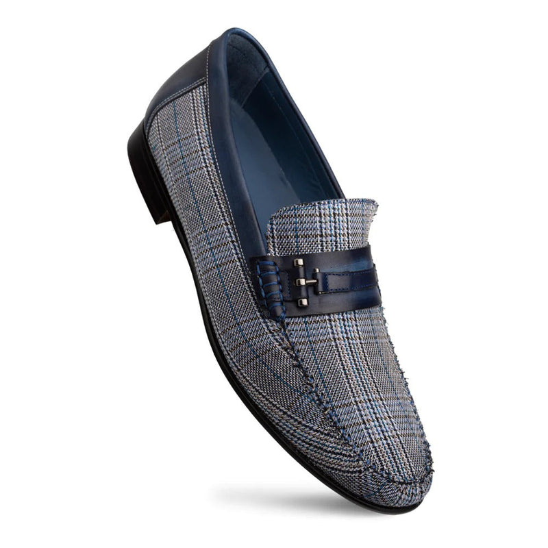 Mezlan R7397 Men's Shoes Multi Color Plaid Linen / Calf-Skin Leather Slip-On Moccassin Loafers (MZ3580)-AmbrogioShoes